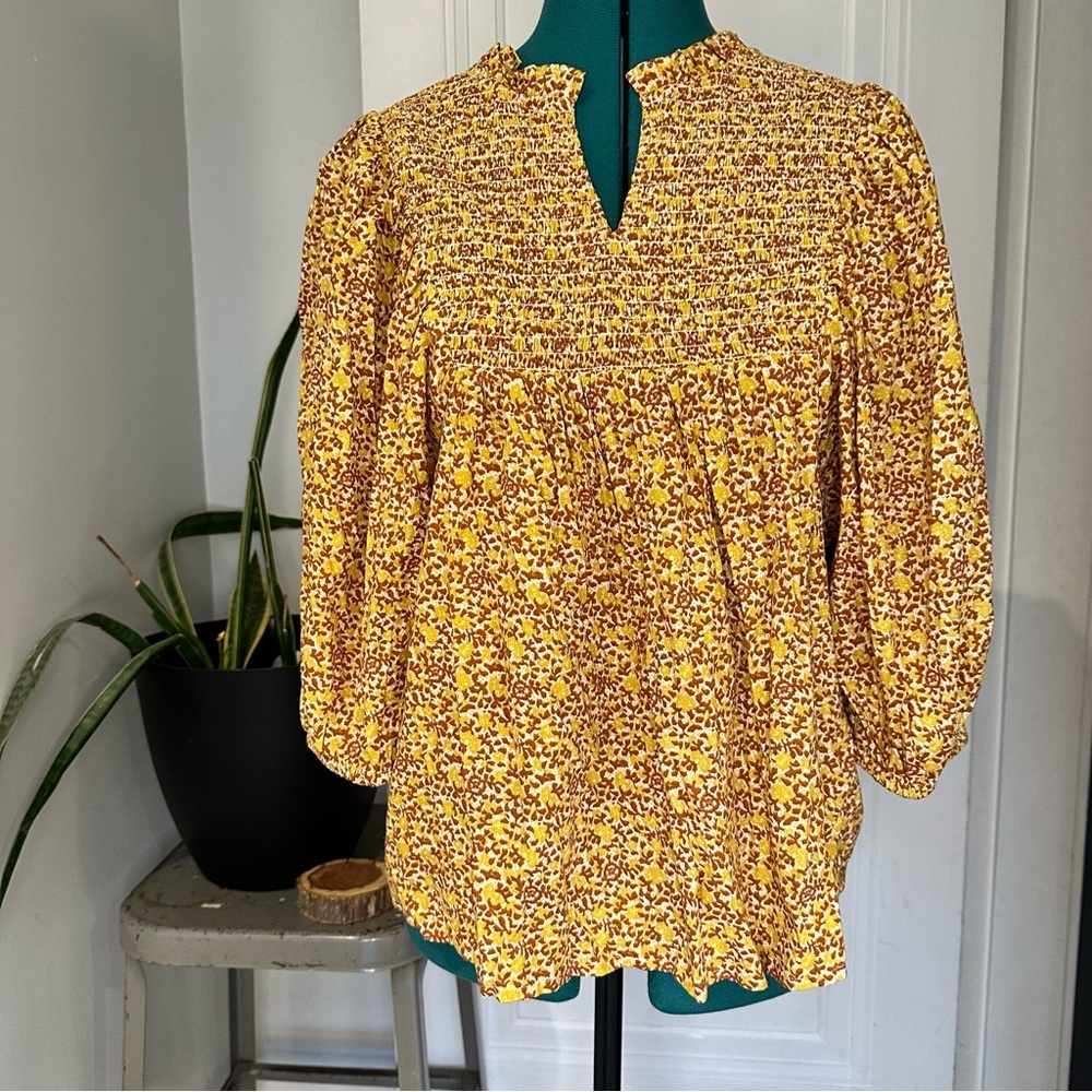 Universal Thread Yellow Floral Smocked Peasant Blouse